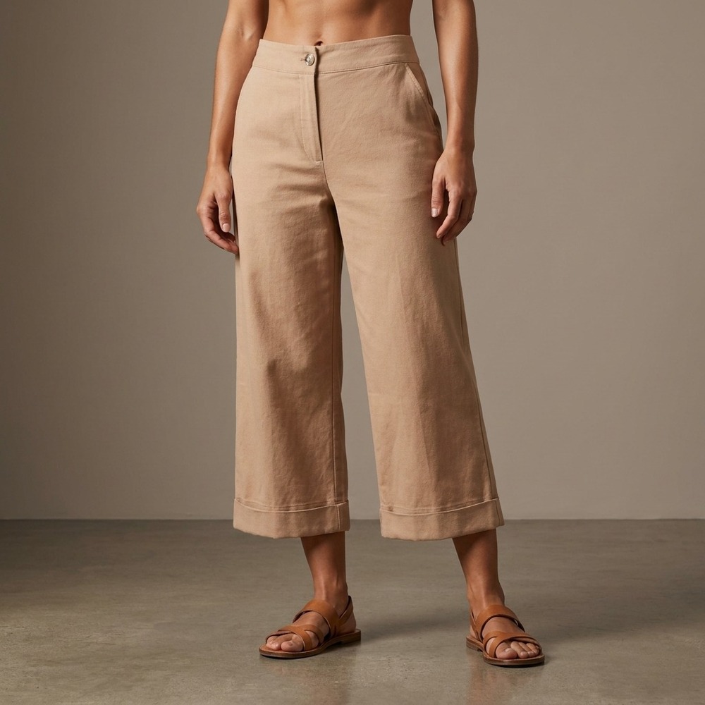 FILOSOFIA Women Cropped Pants L Tan Cotton Minimalist Coastal